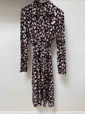 PIECES Black Midi Shirt Dress with Pink, Black and Cream Leopard Print